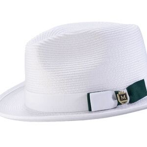 MONTIQUE MEN'S WHITE/ EMERALD BOTTOM BRAIDED STINGY BRIM PINCH FEDORA HAT H85.